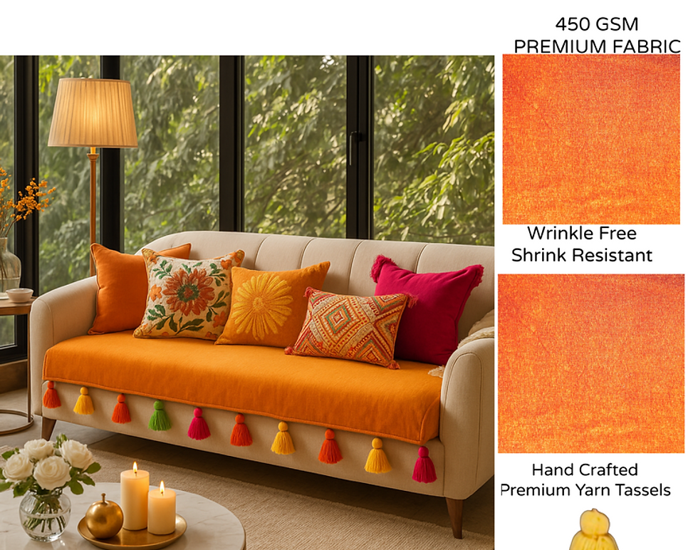 サムネイル： LShape 7 Seater Sofa Cover With Tassels Orange 3 Seater + 3 Seater + 1 Corner