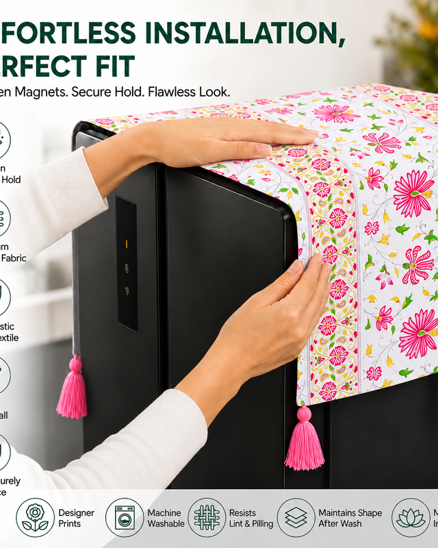Fridge Cover Double Door 250-400L|Crnr Tassel& Pocket|Pink Blossom Cover