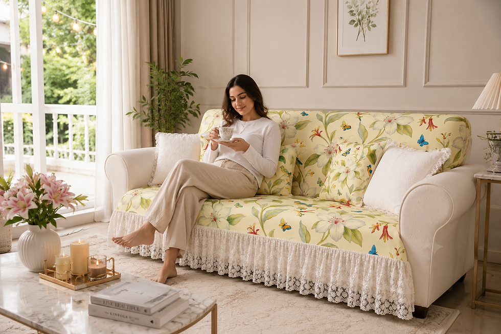 Thumbnail: Bird Floral Sofa Cover With Lace Frill|Boho Lace Frill Sofa Throw For Love Seat