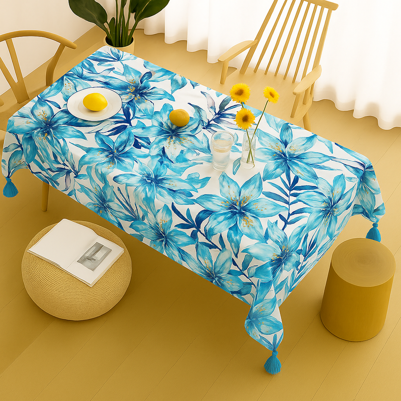 Thumbnail: Blue Leaves Coffee Table Cover With Tassel Table Cloth Living Room Decor