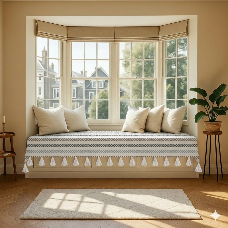 Thumbnail: 2.5 Ft Single Seater Bay Window Seat Cover|Herringbone Neutral Bay Window Cover