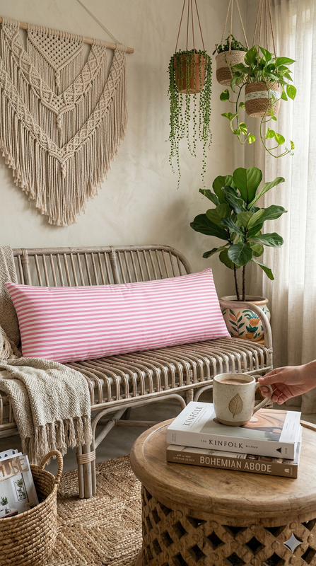 Thumbnail: Pink Striped Cotton Rectangular Cushion Cover Full Body Bed Cover 12x48 Inches