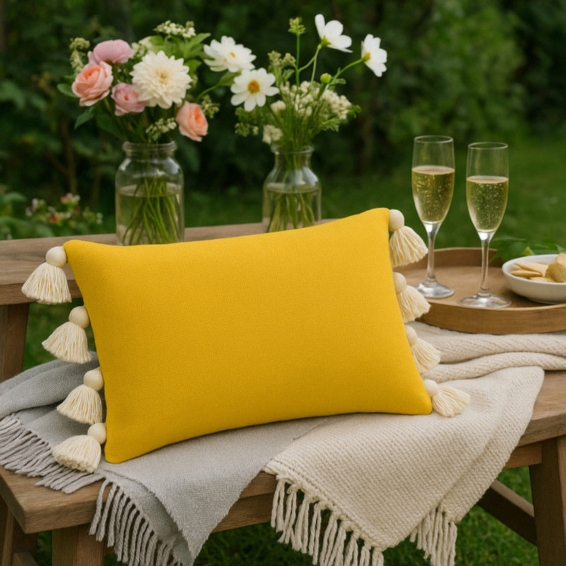 Thumbnail: Boho Mustard Yellow with White Tassels Rectangular Cushion Cover 12x18 Inches