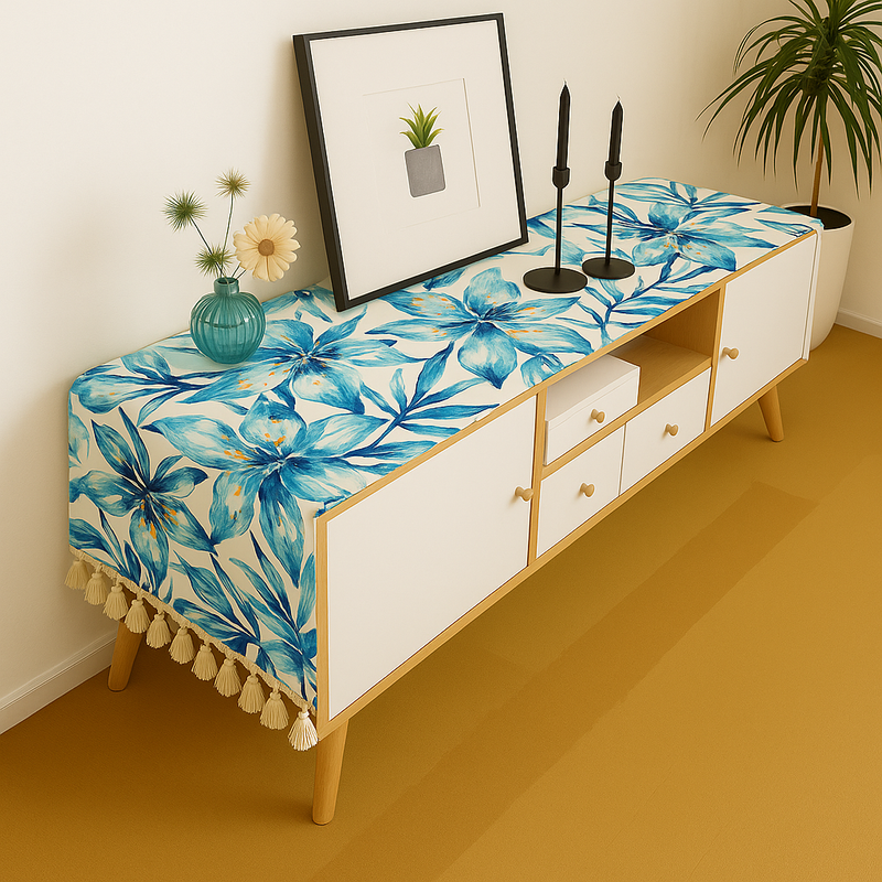 Thumbnail: Blue Leaves Designer TV Unit TV Cabinet Tassel Table Runner