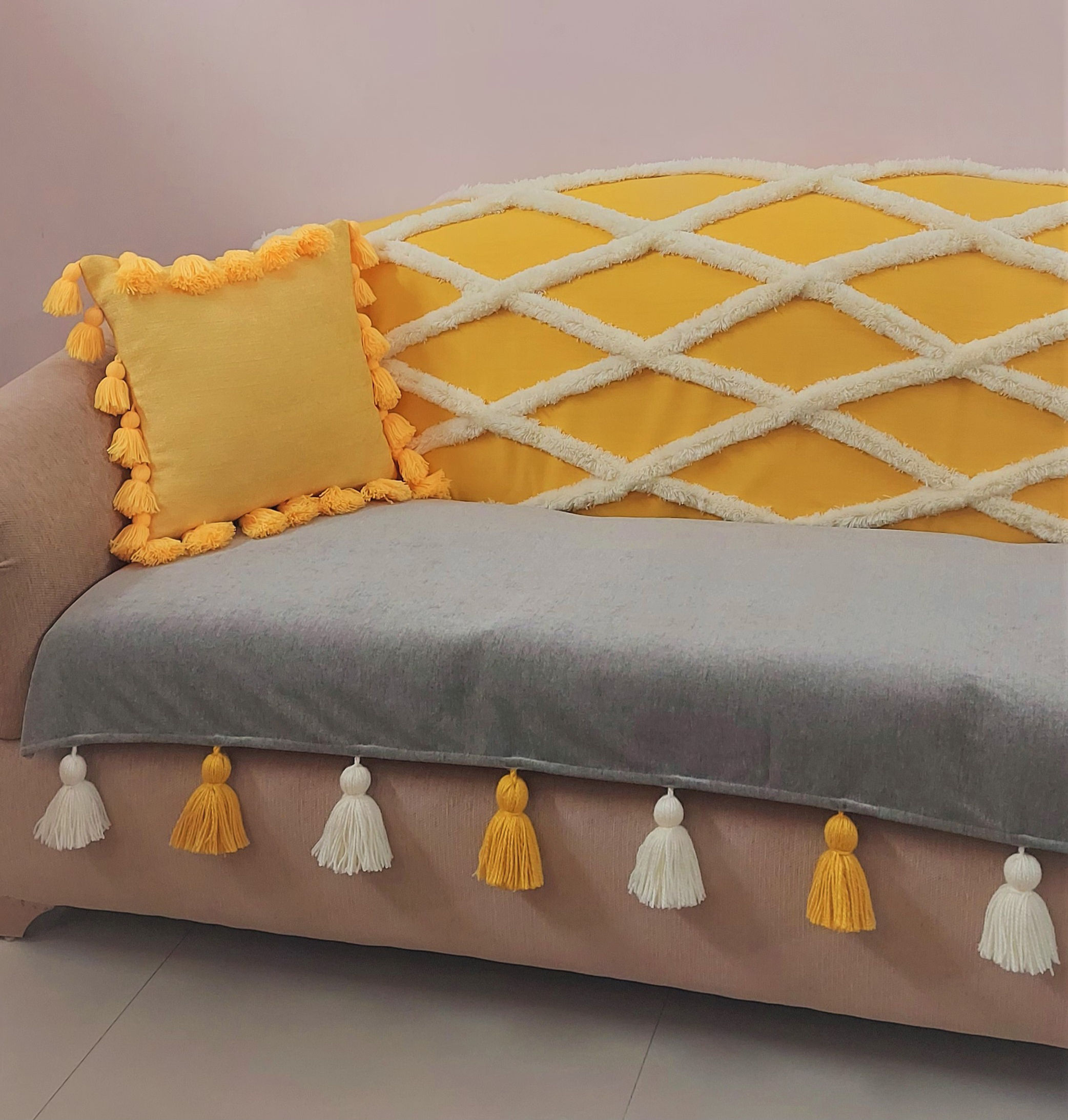 Custom-Made Yellow Grey Diamond Weave Pattern Embroidered 3-Seater Sofacover