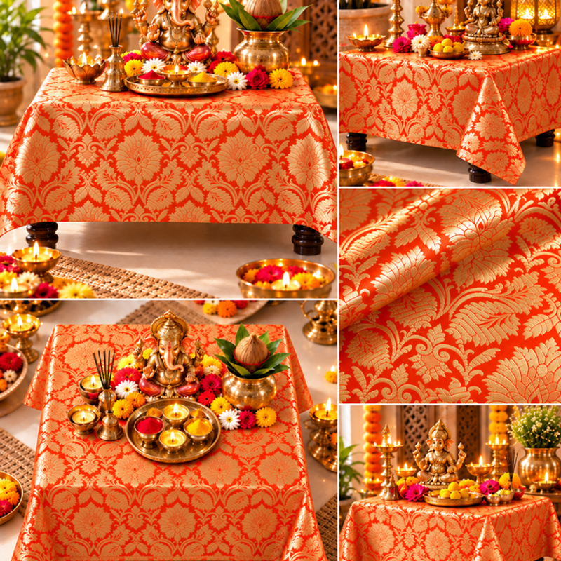 Oarnge Silk Brocade Pooja Asan Cover 12 Inches |Square Table(S)