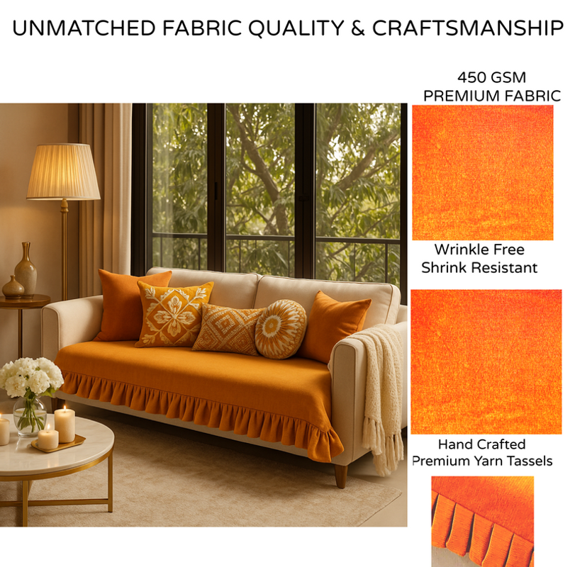 Sīktēls: Orange Large 2 Seater Sofa Cover With Pleates|Anti Slip Pleate Sofa Throw