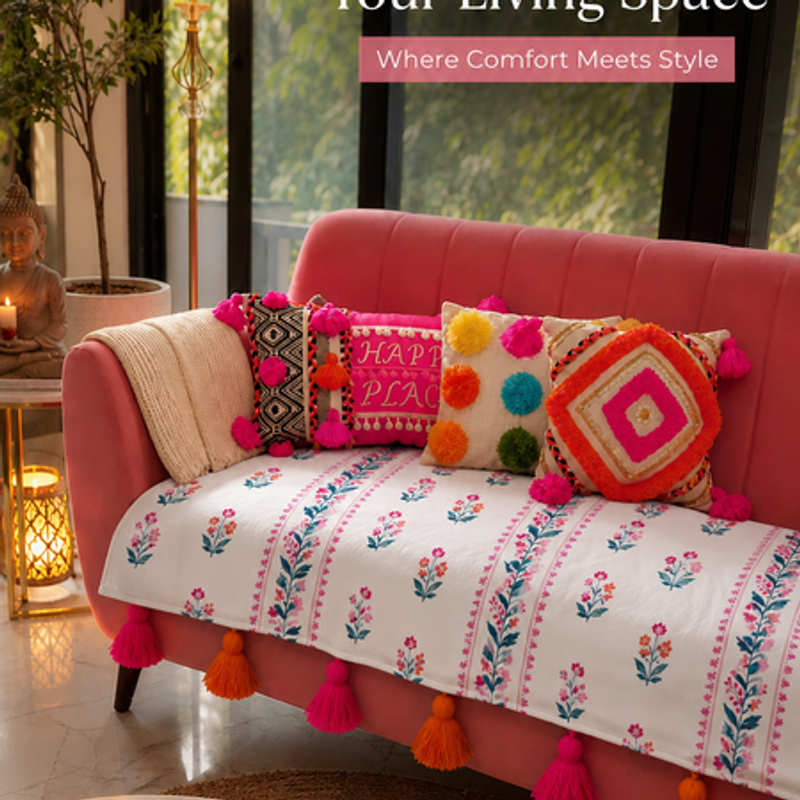 Thumbnail: Rangotsav Floral Sofa Cover Set With Tassels |Tassel Sofa Throw 2+2+1 Seater