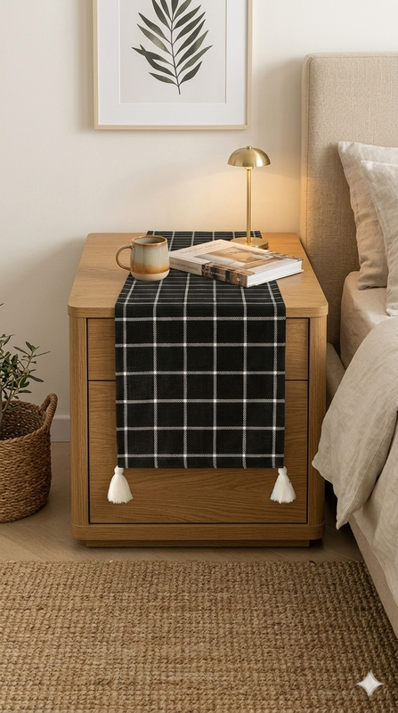 Pikkukuva: Scandinavian Black Plaid Cotton Table Runner |Nightstand, Bed Side Table Cabinet