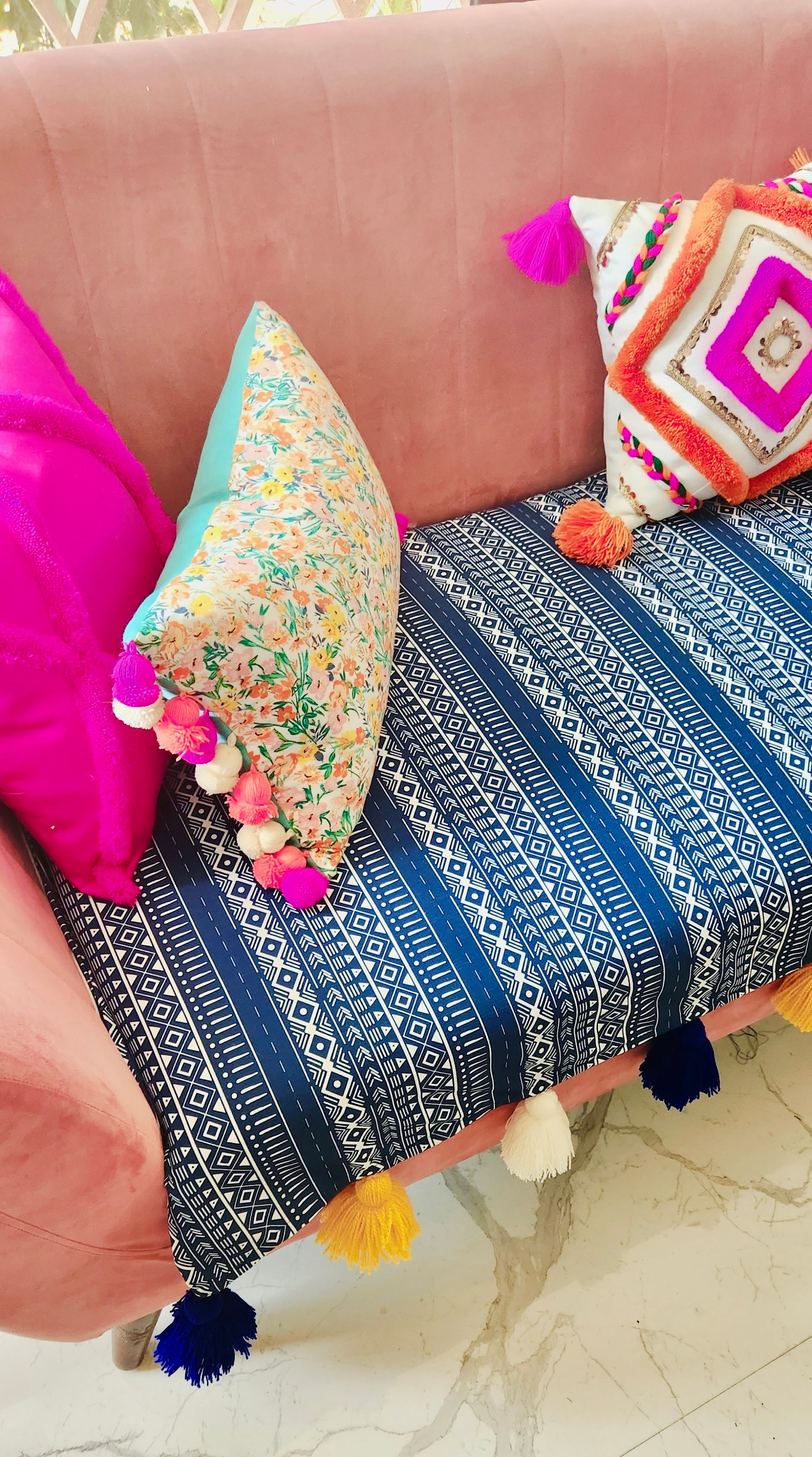 Blue Tribal Pattern Sofa Cover With Tassels