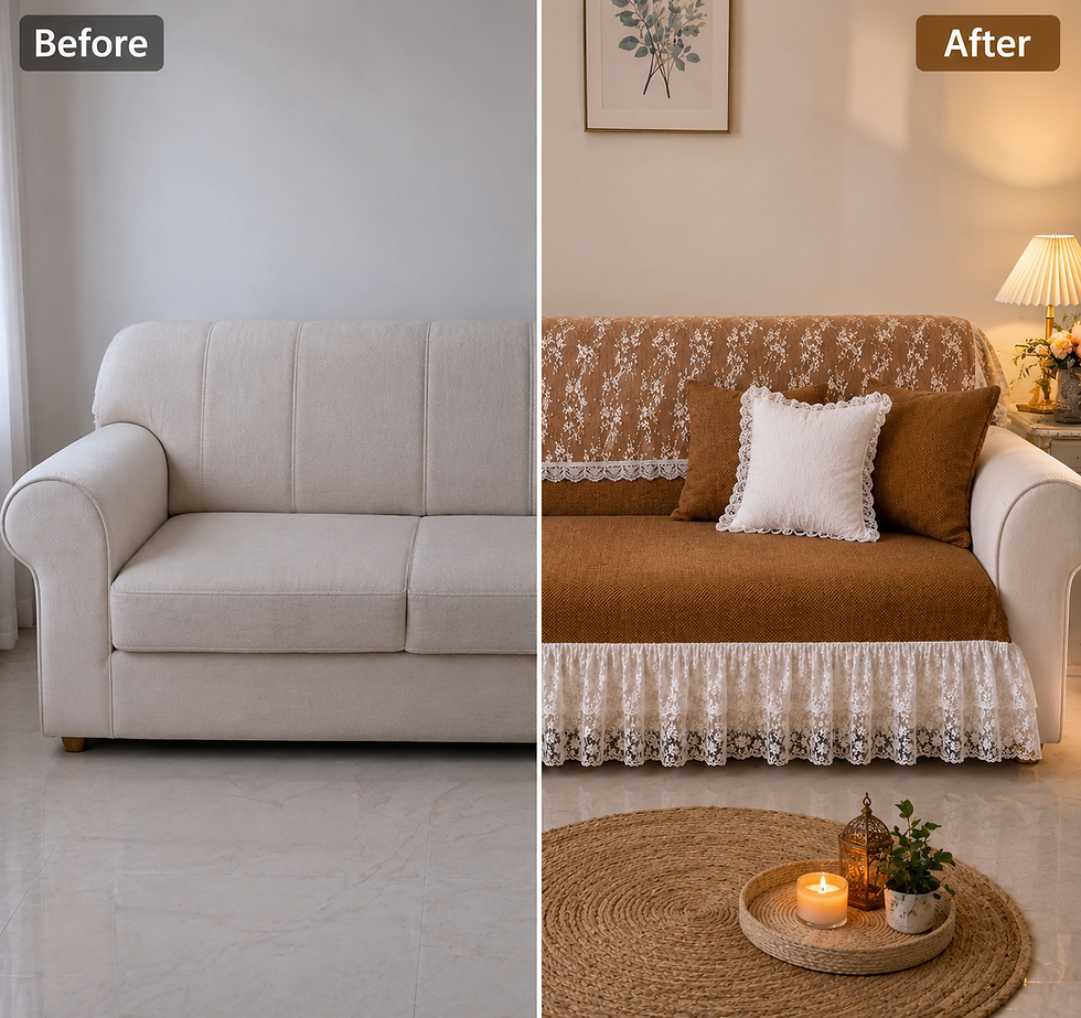 Thumbnail: LShape Sofa Cover With Lace Frill Almond Brown 3 Seater + 2 Seater + 1 Corner