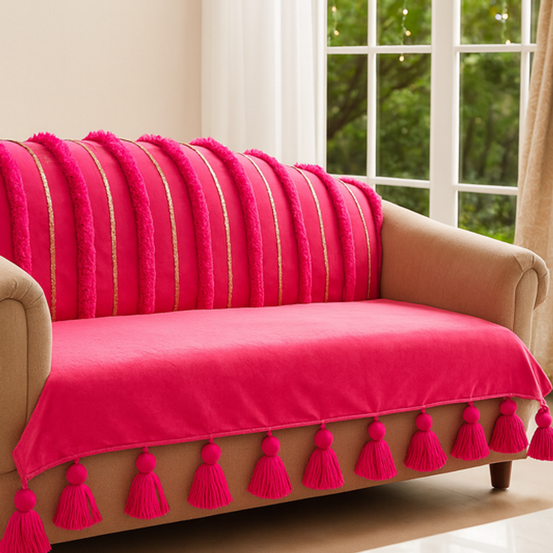 Thumbnail: 2 Seater Sofa Cover With Tassels: Pink Moroccan Embroidered Back Cover