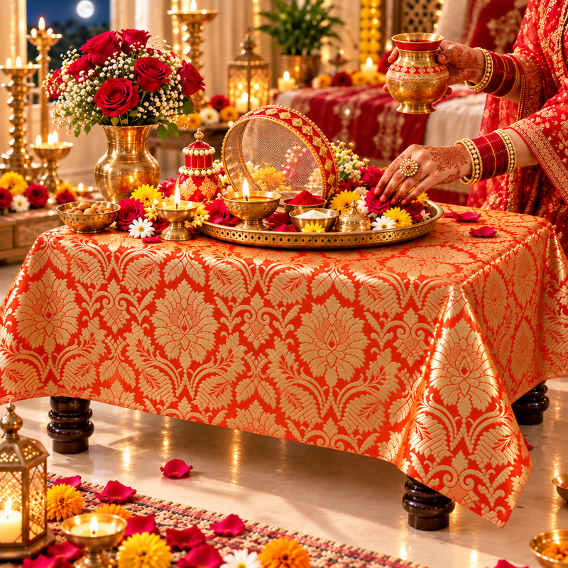 Oarnge Silk Brocade Pooja Asan Cover 12 Inches |Square Table(S)