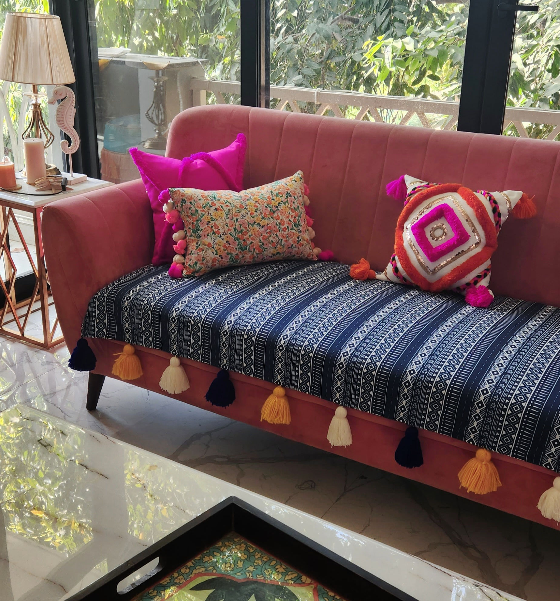 Blue Tribal Pattern 3 Seater Sofa Cover: Custom Made Sofa Seat Cover
