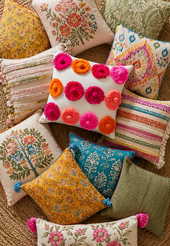 Miniaturebillede: Handmade Floral Pom Pom  Square Sofa Cushion Cover 14x14 Inches