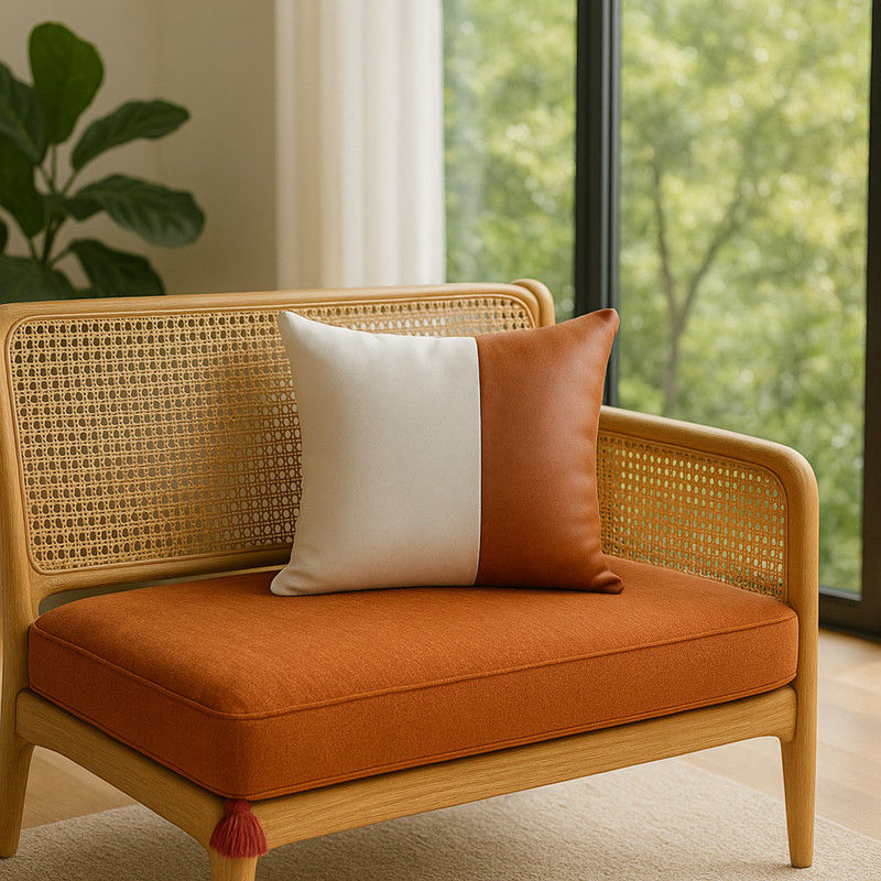 Miniatura: White and Brown Faux Leather Square Modern D�cor Cushion Cover 14x14 Inches