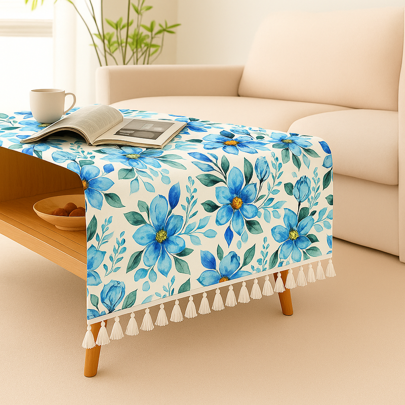 Blue Bloom Coffee Center Table Cover|Tassel Table Cloth Living Room Decor