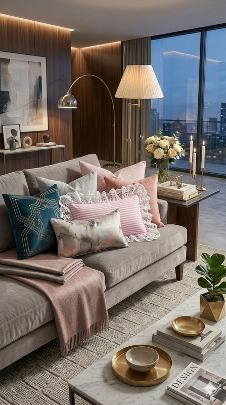 Minijatura: Pink Striped Rectangular Lace Cushion Cover for Sofa & Bedroom D�cor12x20 Inches