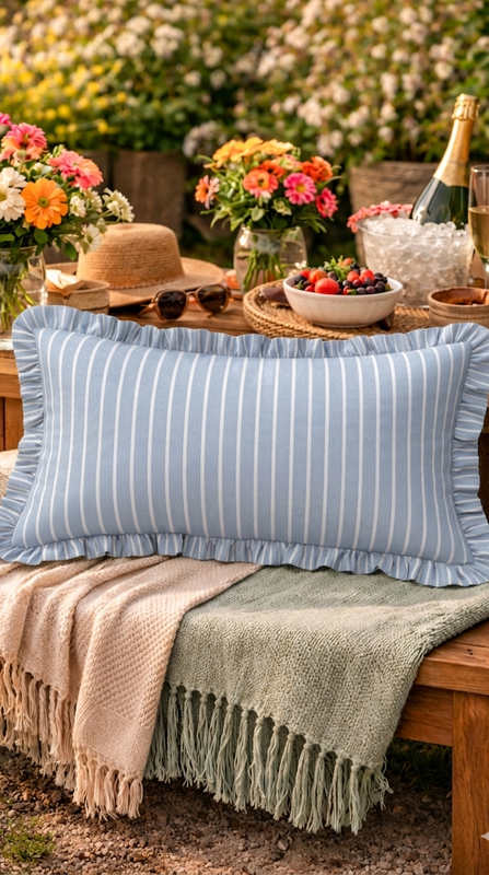 Imej kecil: Blue Striped Ruffle Cushion  Rectangular Cushion Cover 12x20 Inches