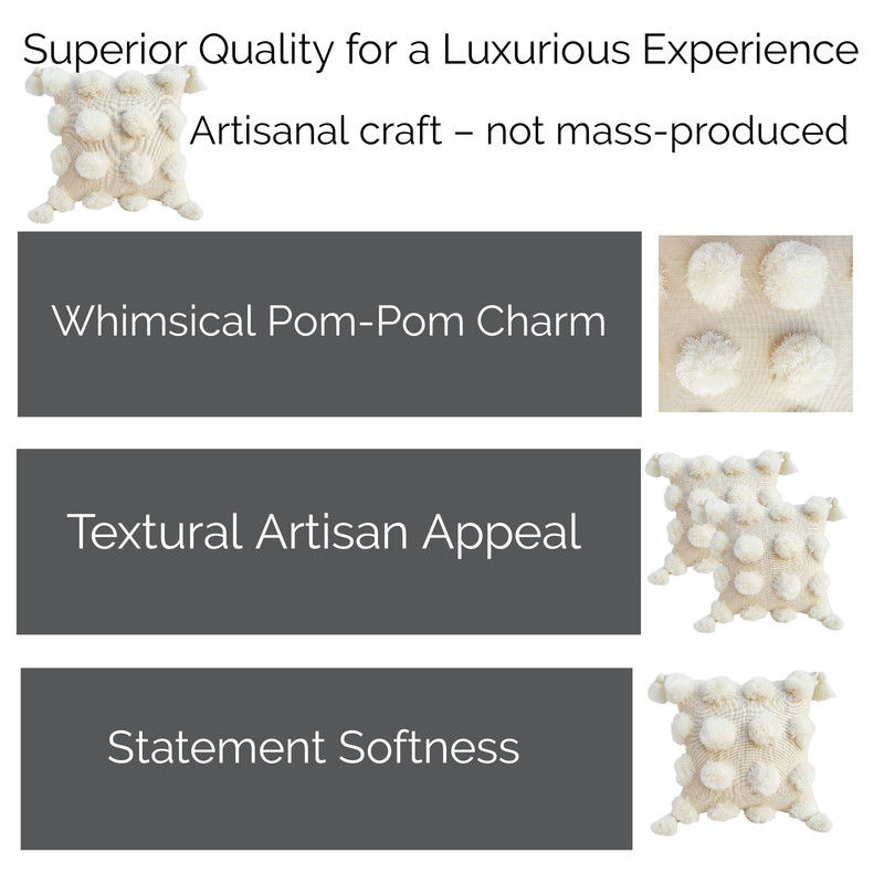 Thumbnail: Ivory White Pom-Pom Textured with Tassels Square Sofa Cushion Cover 16x16 Inches