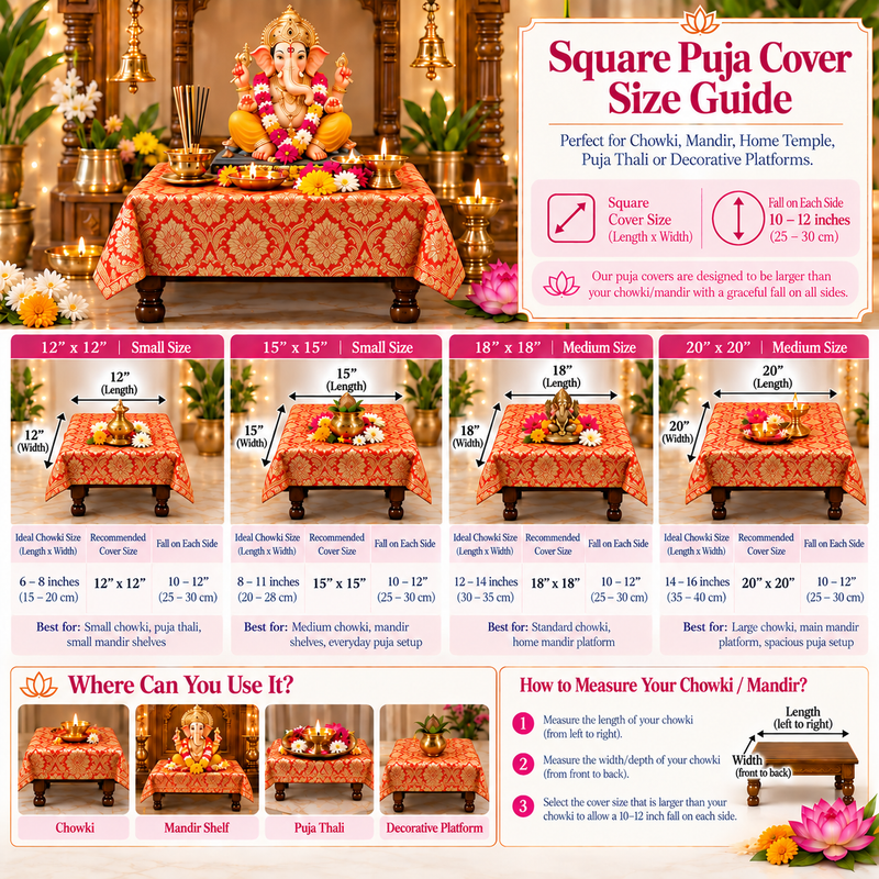 Oarnge Silk Brocade Pooja Asan Cover 12 Inches |Square Table(S)