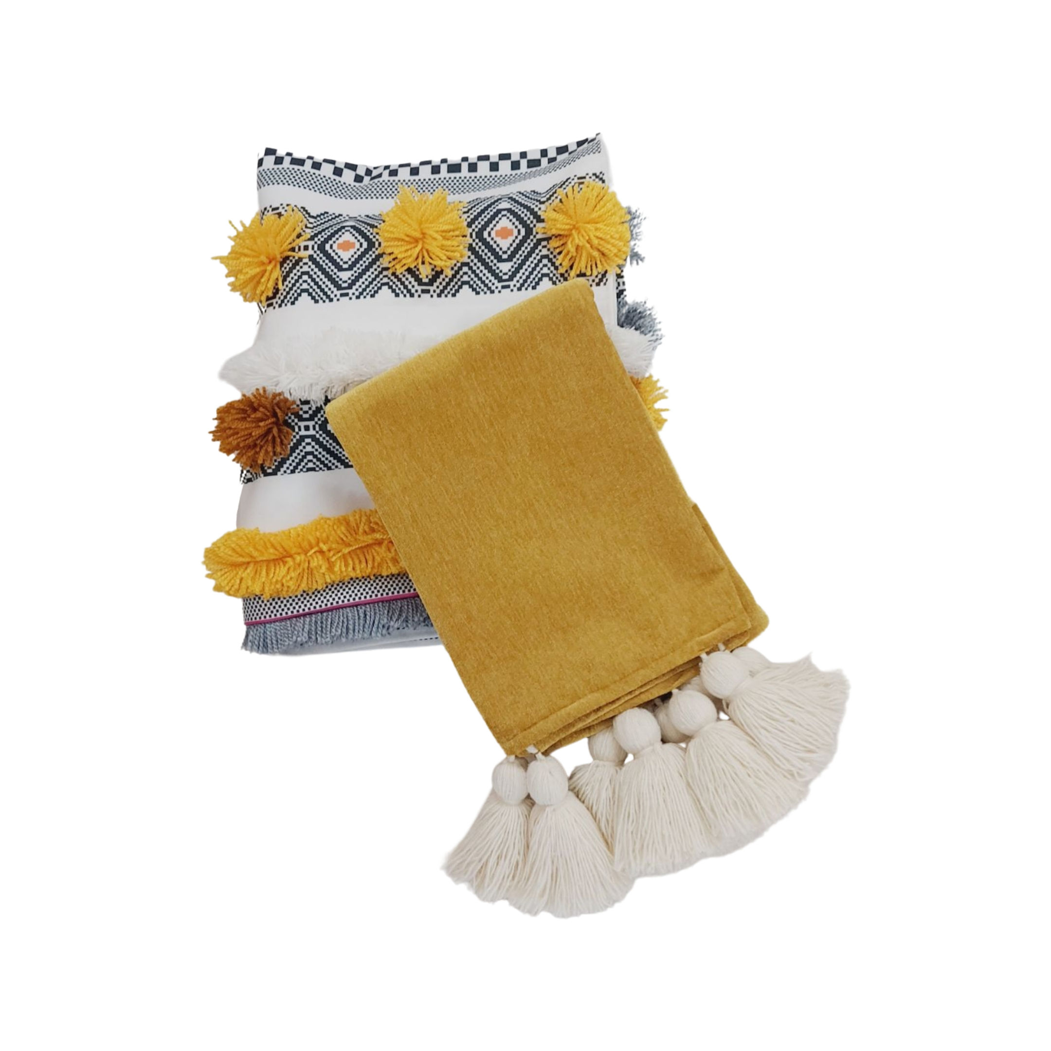 Bohemian 3-Seater Sofa Cover with Tassels | Mustard Grey Boho-Chic Slipcover