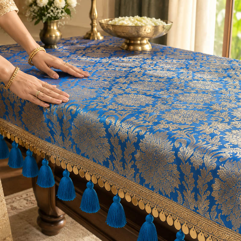 Thumbnail: Blue Brocade Silk Chowki Cover Gold Fringe,Tassels
