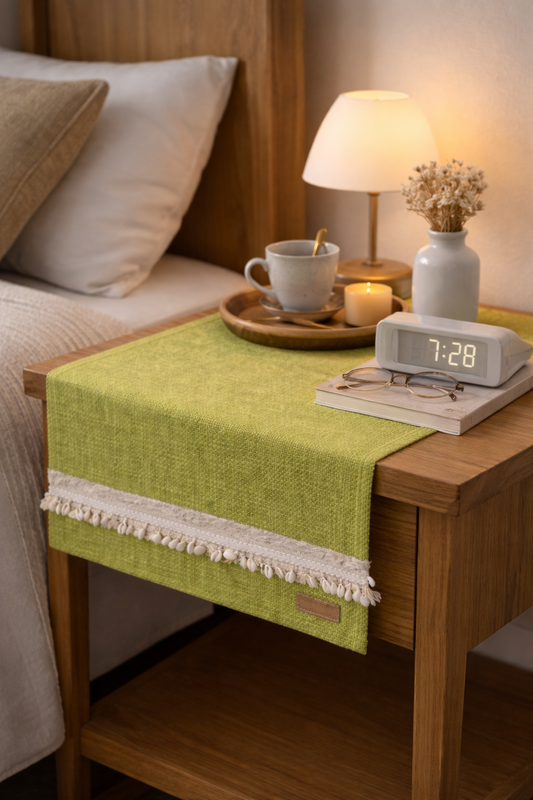 섬네일: Green Cotton Linen With Kowri Table Runner|Long Nightstand,Bed Side Table