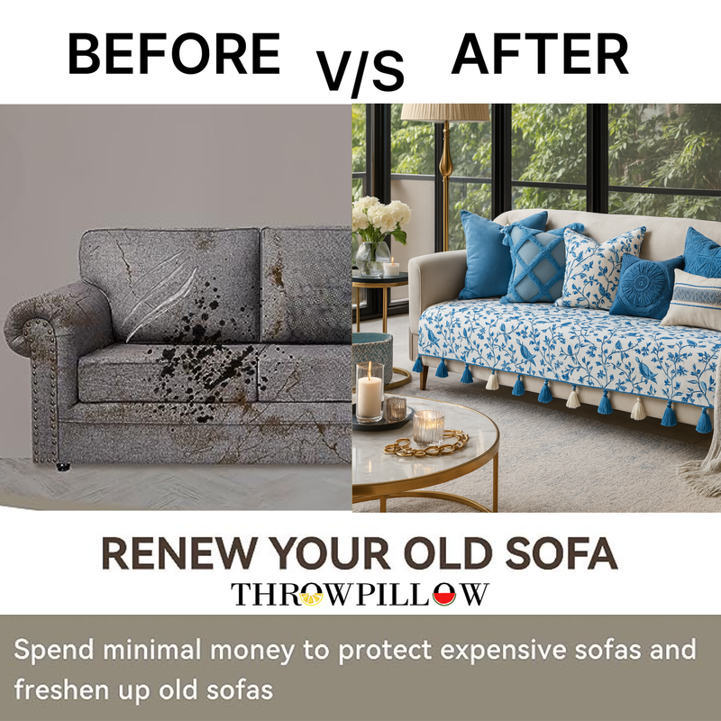 Μικρογραφία: LShape 5 Seater Sofa Cover With Tassel Blue Bird 3+2+1 Seater