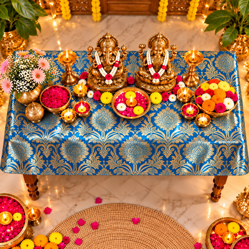Teal Blue Silk Brocade Pooja Asan Cover 12X18 Inches |Rectangle Table(L)