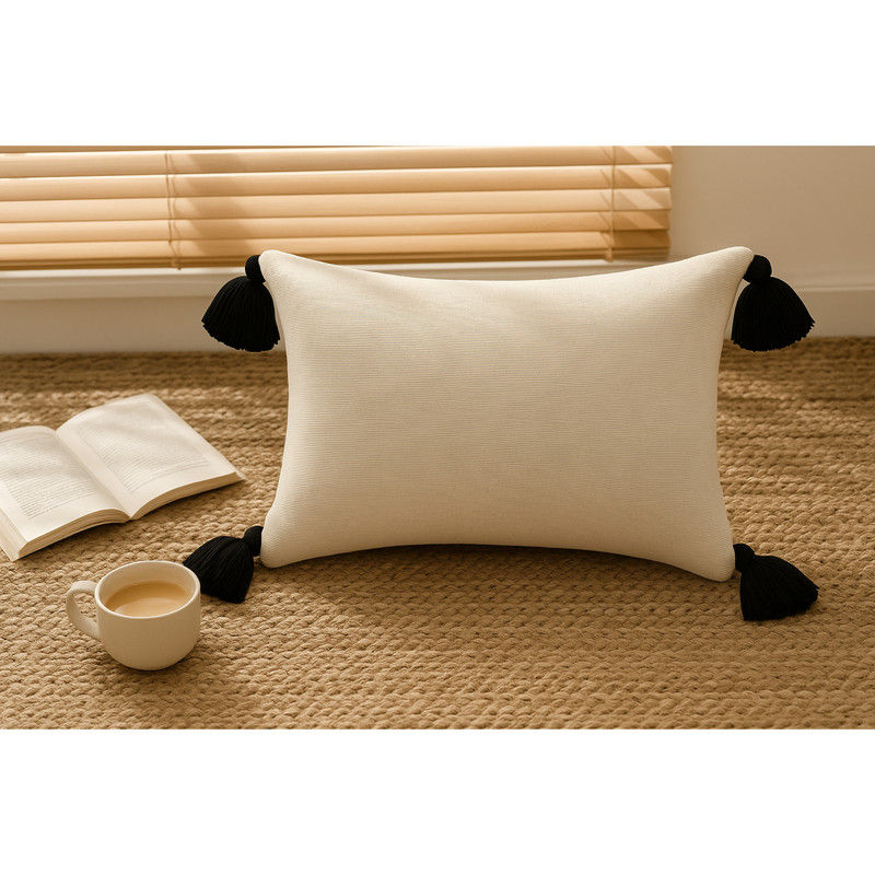 Thumbnail: Boho Ivory with Black Tassels Rectangular Cushion Cover with Filler 12x24 Inches