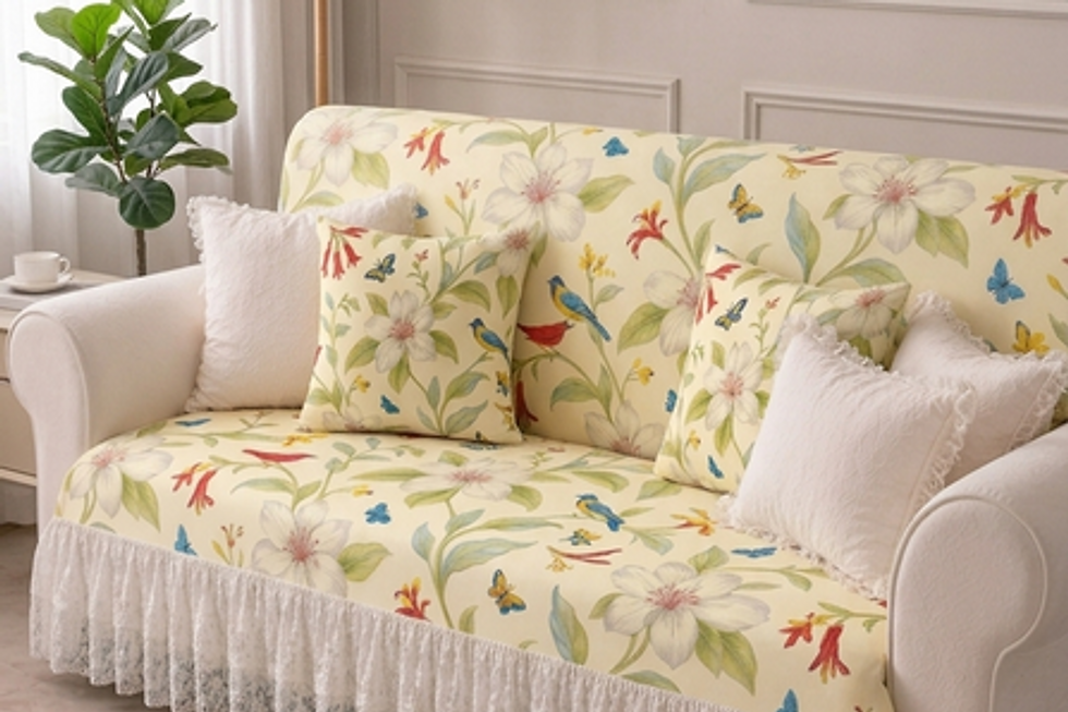 थंबनेल: L Shape Sofa Cover With Lace Frill |Bird Floral| 2 Seater + 2 Seater Lounger