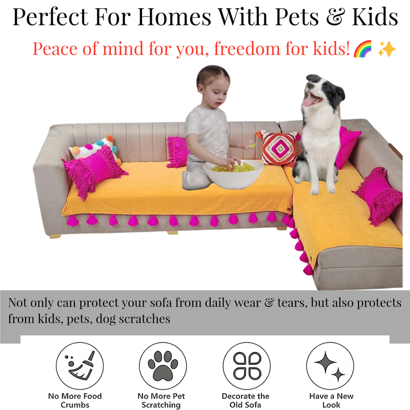 Thumbnail: L-Shaped Corner Sofa Cover, Solid Ocher Yellow Sofa Cover With Tassels