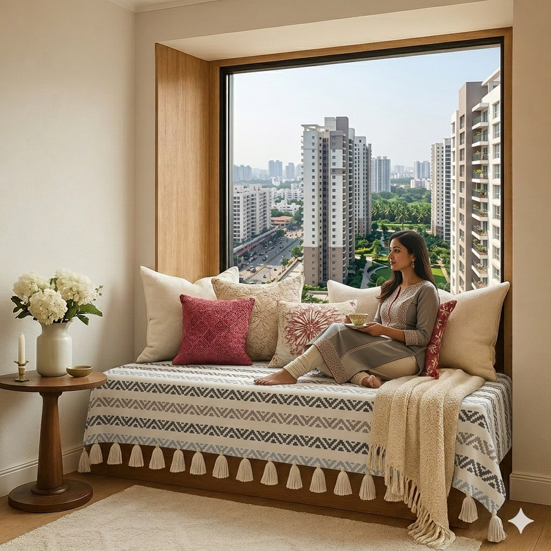 Thumbnail: 2.5 Ft Single Seater Bay Window Seat Cover|Herringbone Neutral Bay Window Cover