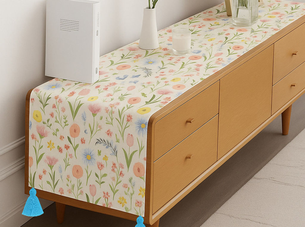Spring  Floral Designer TV Unit TV Cabinet Tassel Table Runner