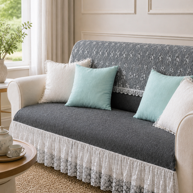 섬네일: Dark Grey 5 Seater Sofa Cover With Lace Frill |Frill Sofa Throw 3+2 Seater Set