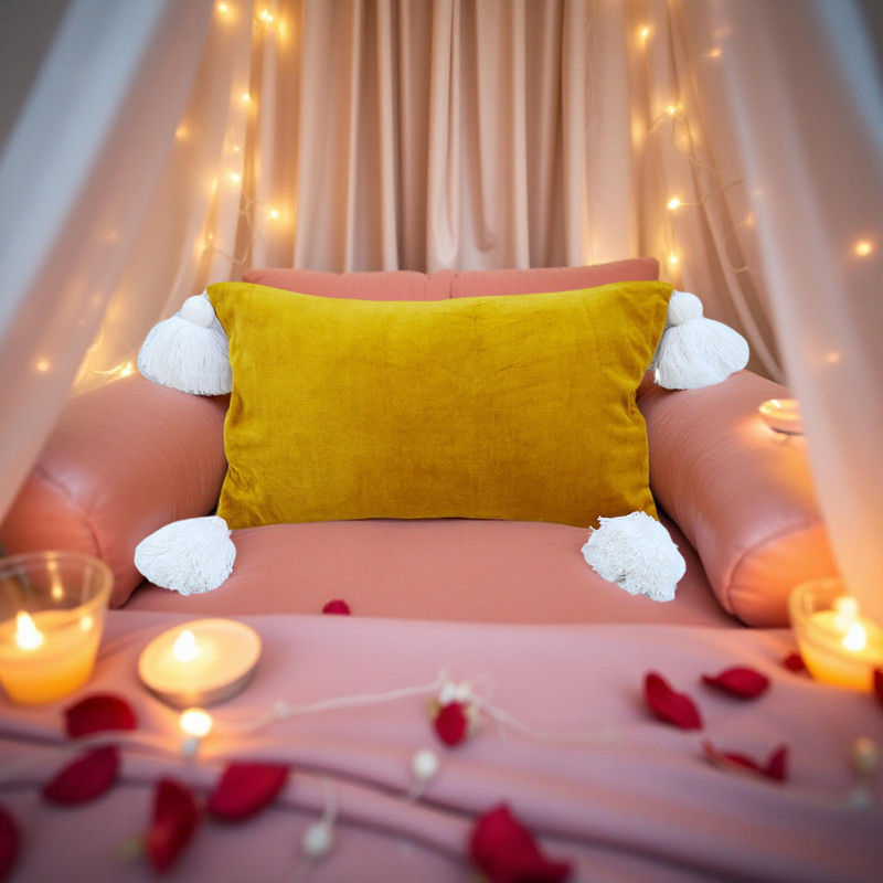Miniatiūra: Mustard with White Tassels Boho Decor Rectangular Cushion Cover 12x18 Inches