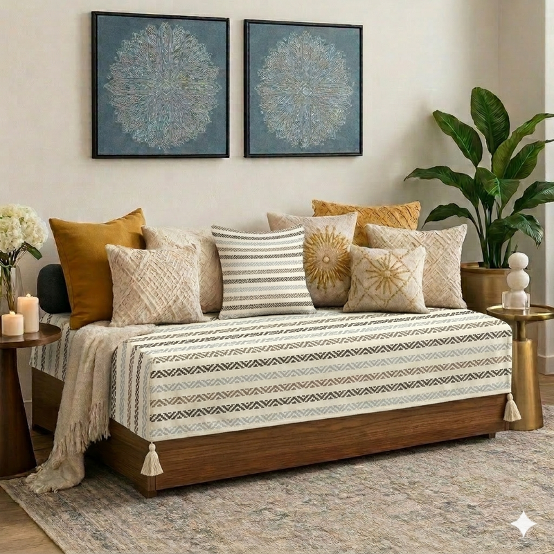 Thumbnail: Sofa Bed Diwan Cover For 3X5 Ft Sofa Single Bed Diwan|Herringbone Neutral