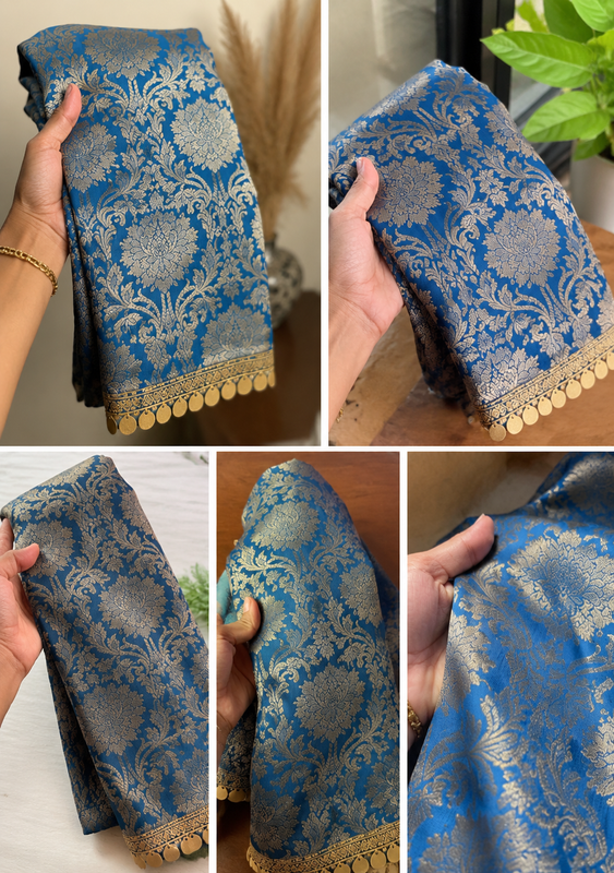 Thumbnail: Blue Brocade Silk Round Thali Cover , Gold Fringe