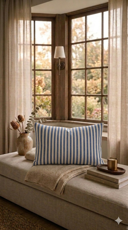 Miniatură: Blue White Striped Cotton  Rectangular Cushion Cover 12x24 Inches