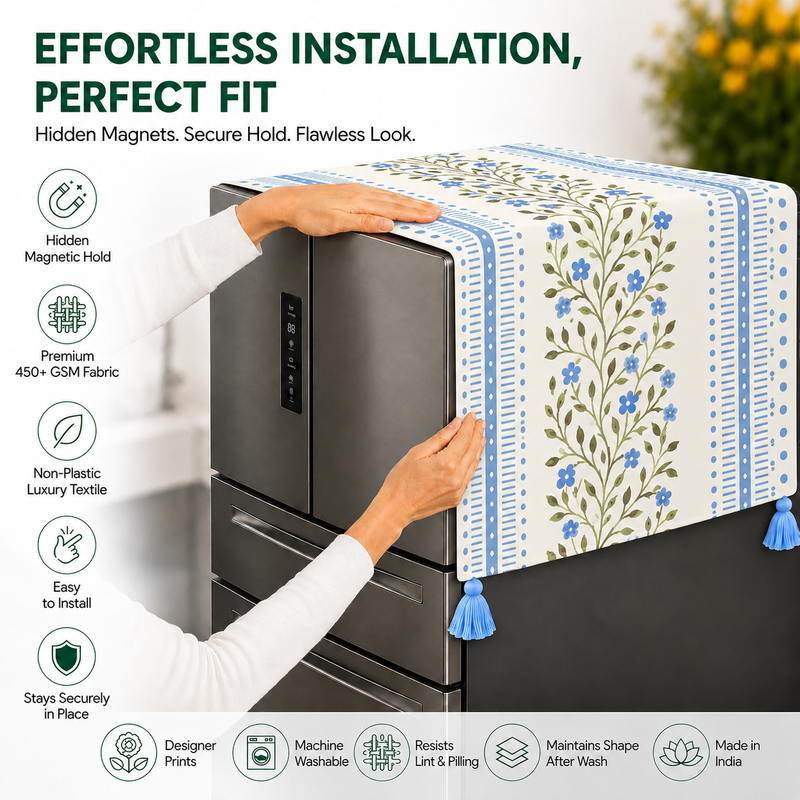 Fridge Cover Single100-250L|Corner Tassels & Pockets|Blue Botanical Garden Cover