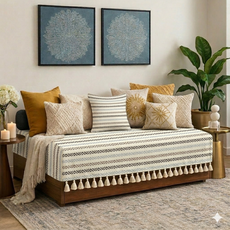 Thumbnail: Sofa Bed Diwan Cover For 3X5 Ft Sofa Single Bed Diwan|Herringbone Neutral