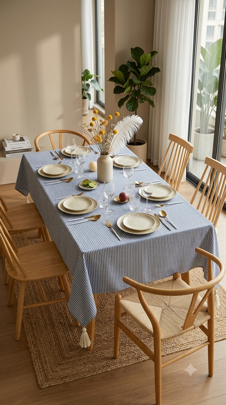 Pikkukuva: Blue-And White Stiped Center Table Cover With Tassels Table Cloth