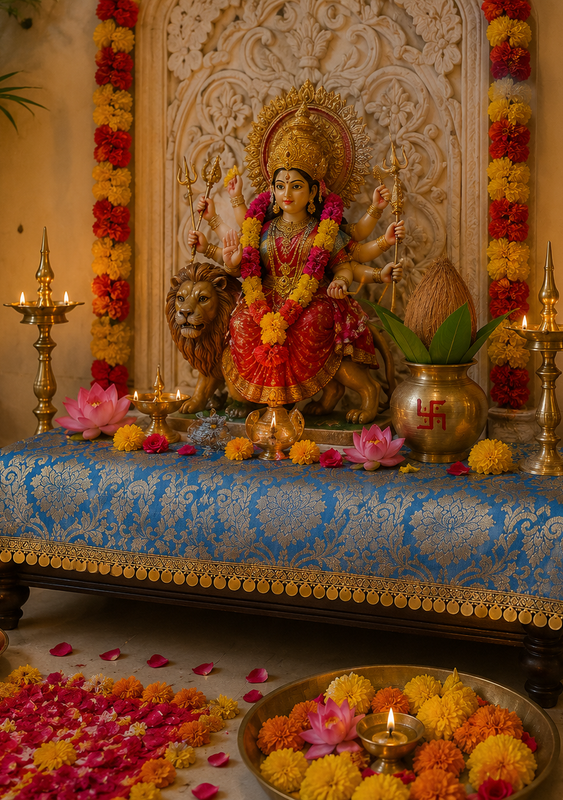 Thumbnail: Blue Brocade Silk Round Thali Cover , Gold Fringe