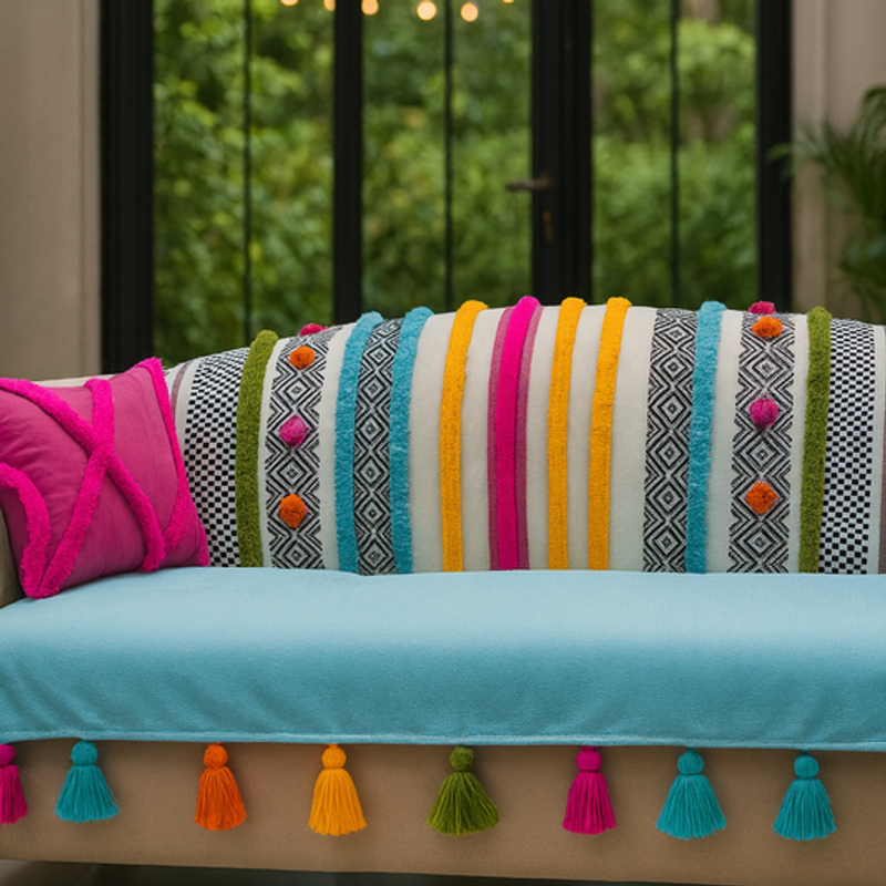 Thumbnail: 2 Seater Sofa Cover With Tassels:Ice Blue Bohemian Embroidered Back Cover