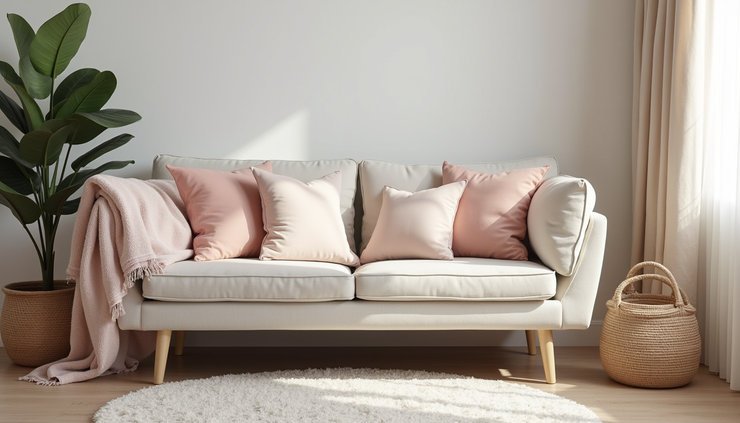 Eye-level view of a cozy living room corner with pastel throw pillows and a woven basket