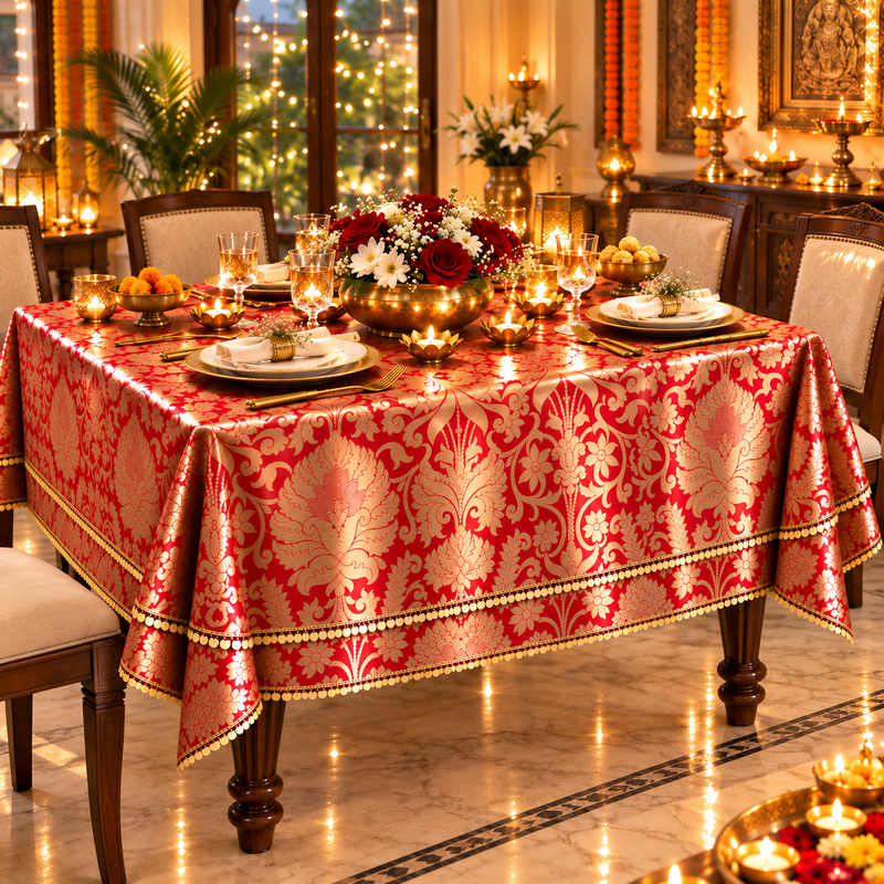 Miniatura: Red Brocade Side Table Cover|Table Cloth Living Room Decor