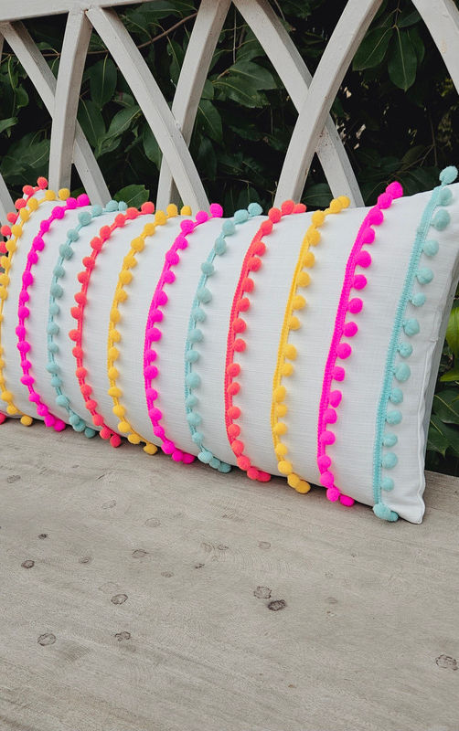 Miniatiūra: White with Multicolor Pom-Pom Rectangular Cushion Cover with Filler 12x18 Inches
