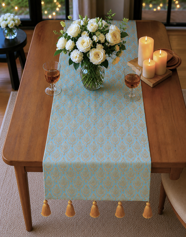 Hình thu nhỏ: Ice Blue-Gold Table Runner |Dresser Drawer Cabinet Entry Console