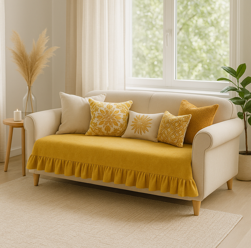 Miniaturebillede: Mustard Large 2 Seater Sofa Cover With Pleatss|Anti Slip Pleats Sofa Throw